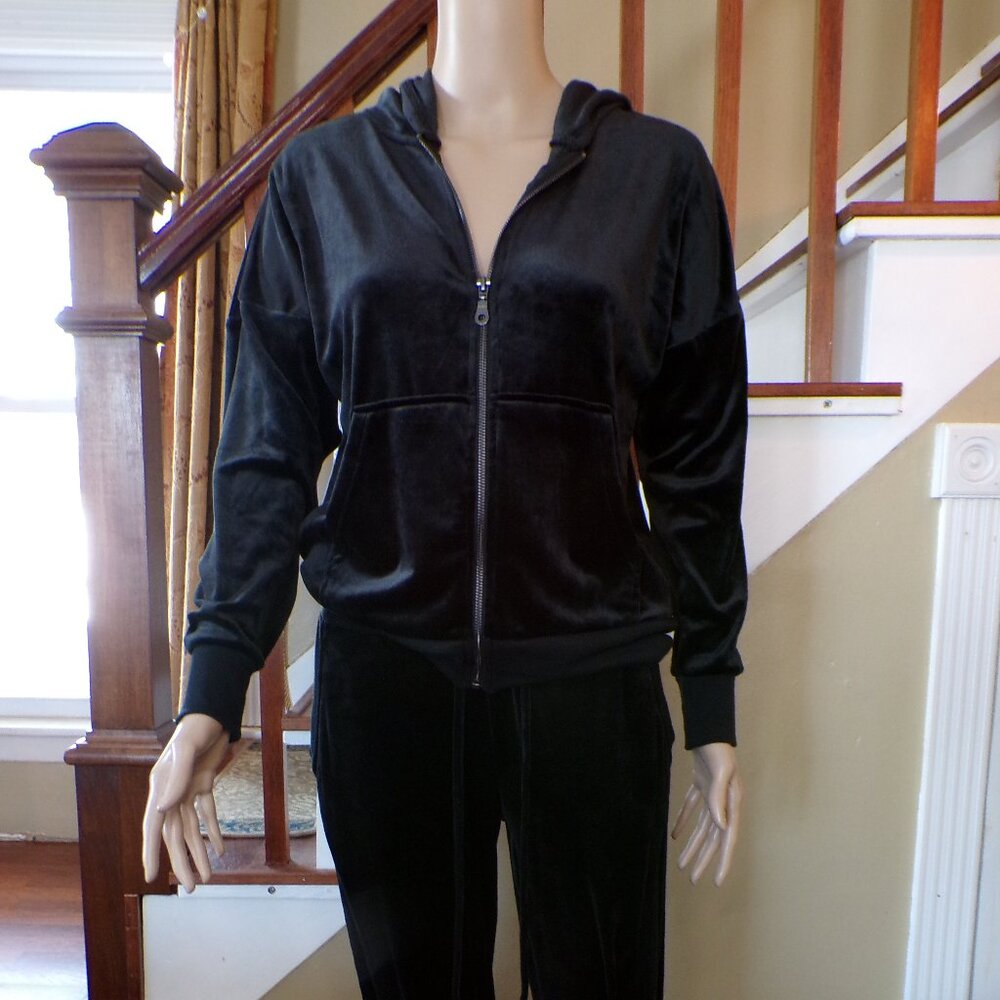 FELINA Women's Plush Velour Full Zip Set Hoodie & Jogger BLACK - SMALL